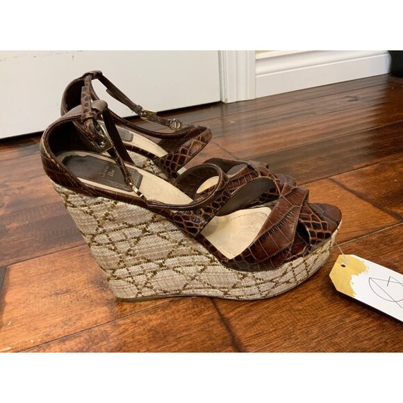 Christian Dior Brown Alligator Strap Wicker Wedge Heels, Size 9 | 39 - Picture 1 of 8